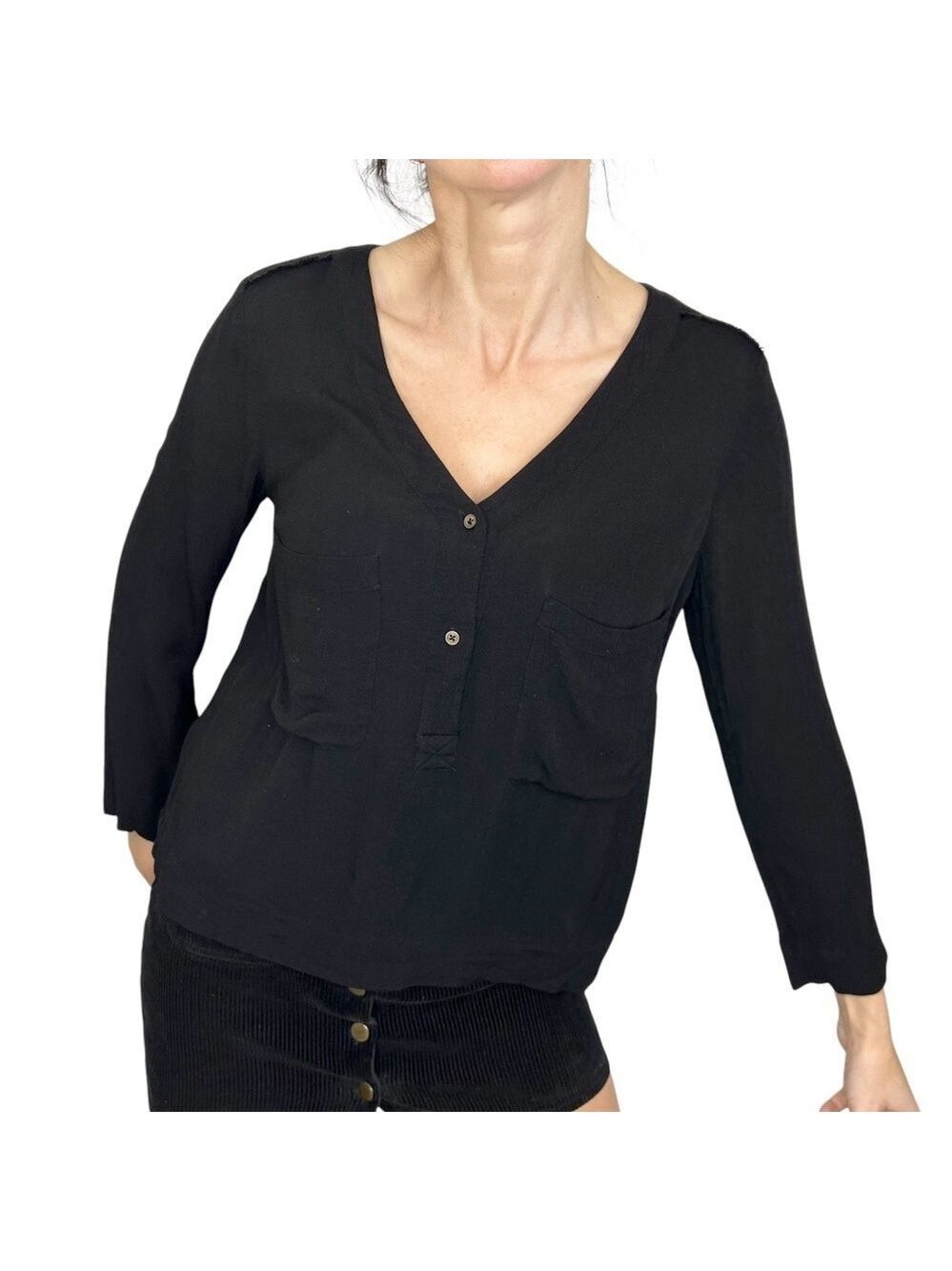 Massimo Dutti boxy black crinkly long sleeve top blouse L